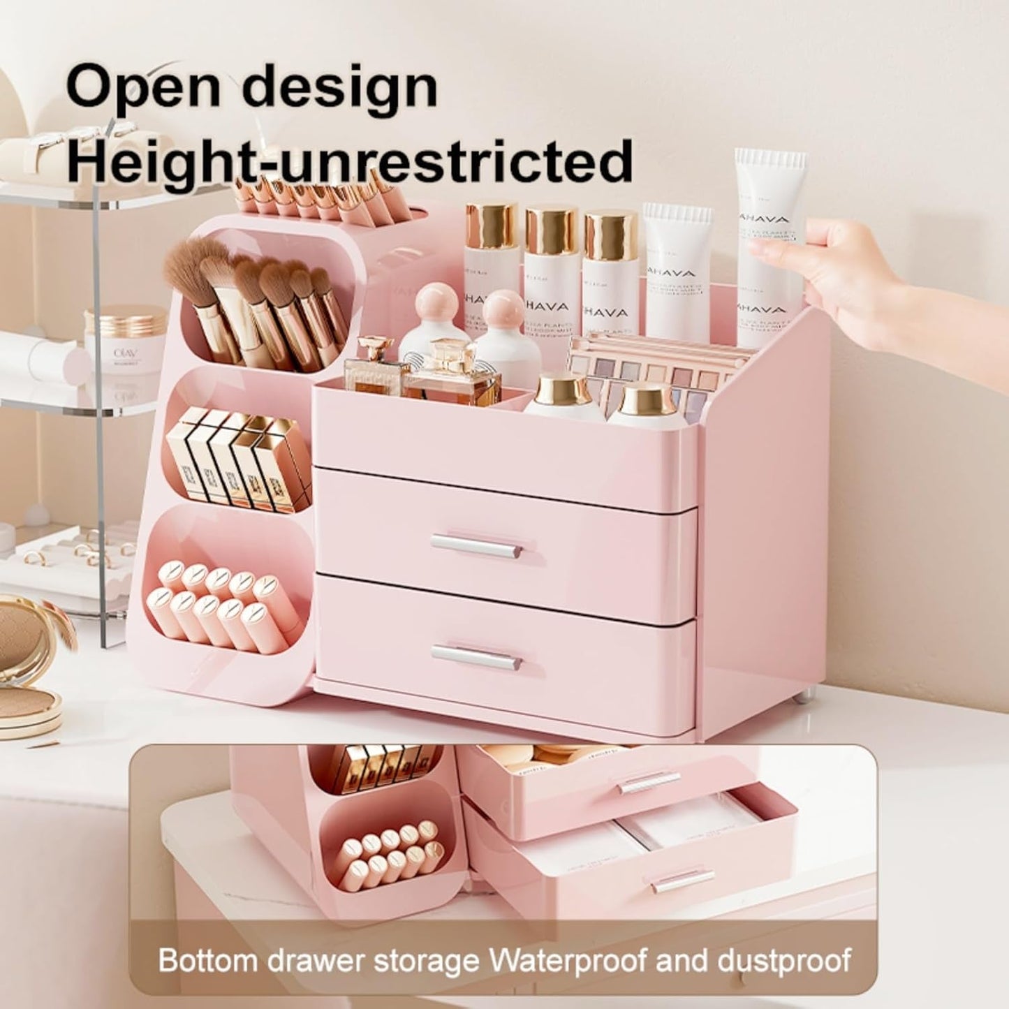 Makeup Organizer with Drawers,Large Capacity Countertop Organizer for Vanity,Bathroom and Bedroom Desk Cosmetics Organizer,Easy To Storage Skincare,Brushes,Lotions,Lipstick (All Pink)