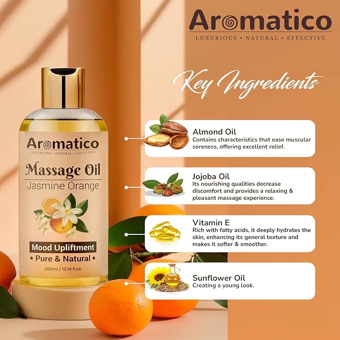 AROMATICO Massage Oil with Jasmine & Orange Essential Oils. Natural Power of Sesame, Almond & Jojoba Oils. Full Body Massage Oil for Relaxtion. for Men & Women - 10 Fl Oz