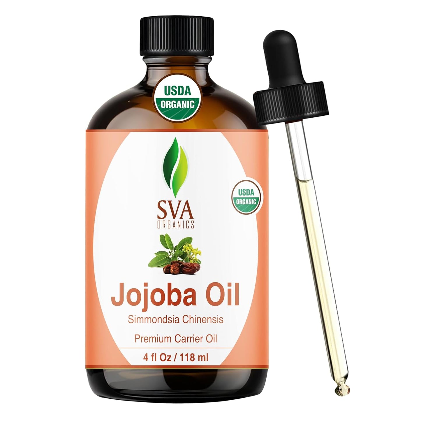 SVA Jojoba Seed Oil Organic - 4 Fl Oz – 100% Natural Cold Pressed Organic Jojoba Oil - for Face, Skin Care, Hair Care, Scalp Massage & Body Massage – Carrier Oil with Dropper
