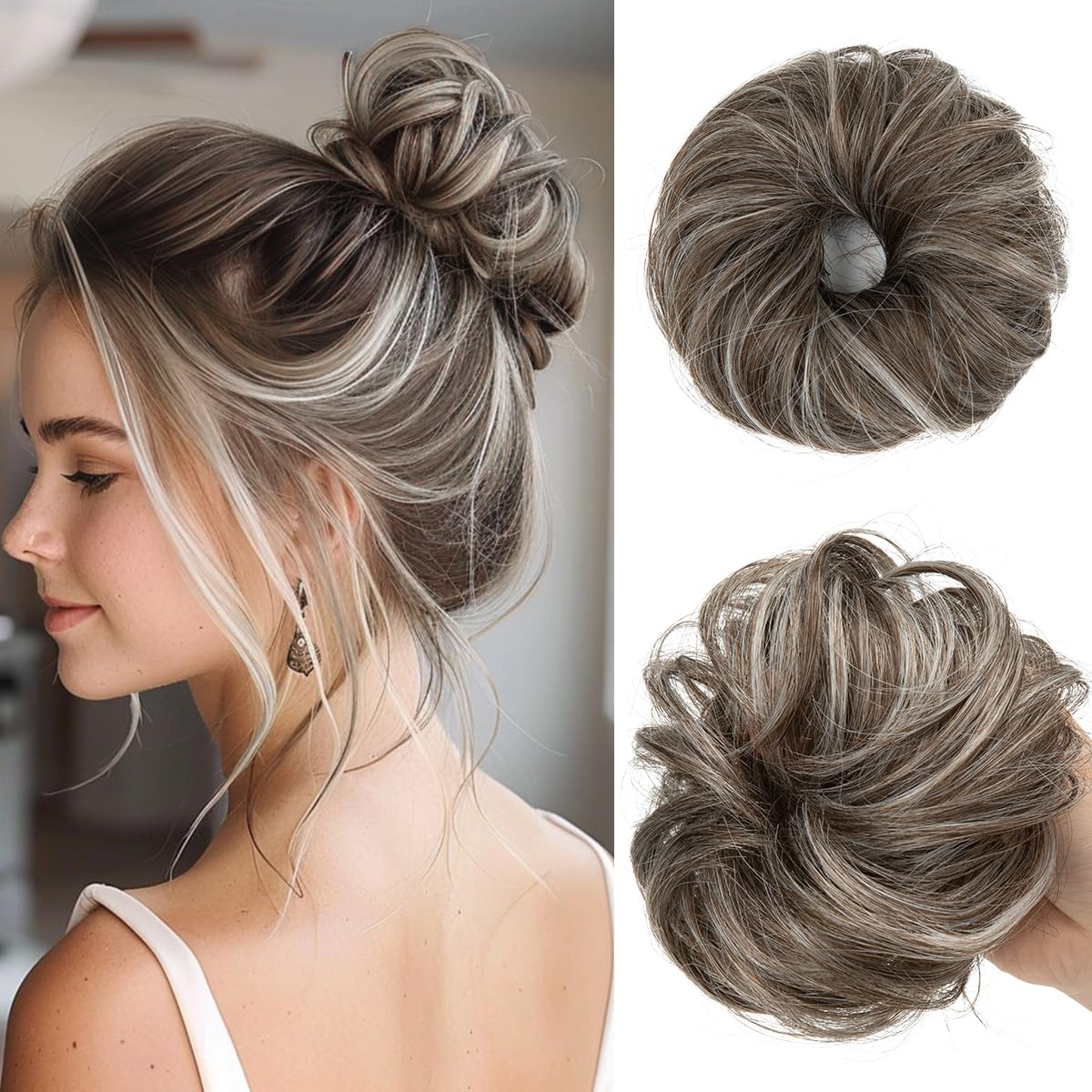 CJL HAIR 2PCs Small Cute Messy Bun Hair Piece for Thin Hair Women Mini Synthetic Curly Bun Scrunchies Updo Hairpieces Ash Grey