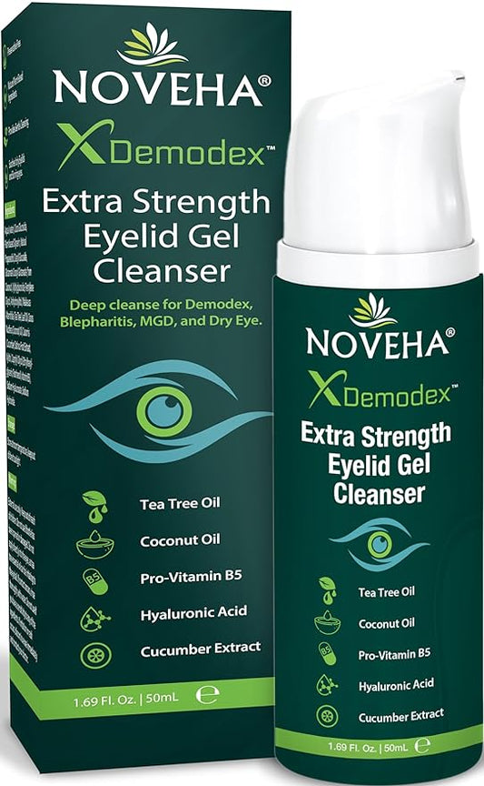 NOVEHA Demodex Extra Strength Eyelid Gel Cleanser - for Demodex, MGD and Dry Eye with Pro-Vitamin B5, Tea Tree Oil, and Hyaluronic Acid - Gentle Cleansing, Soothes Itchy Eyelid - 50mL (1 Pack)