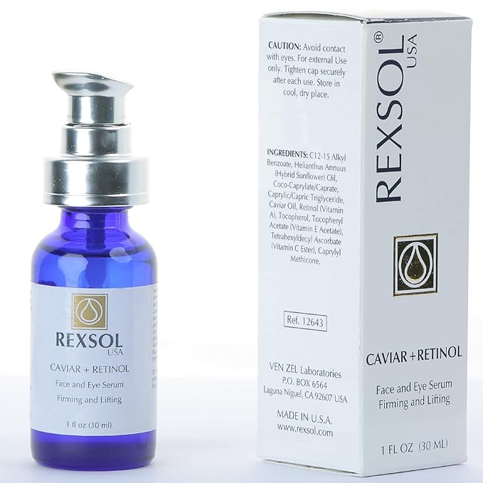 REXSOL CAVIAR + RETINOL Face and Eye Serum Firming and Lifting | With Vitamin C, Vitamin E & Vitamin A | Hybrid Sunflower & Caviar Oil | Revives the tone and texture of youthful skin. (30 ml/1 fl oz)