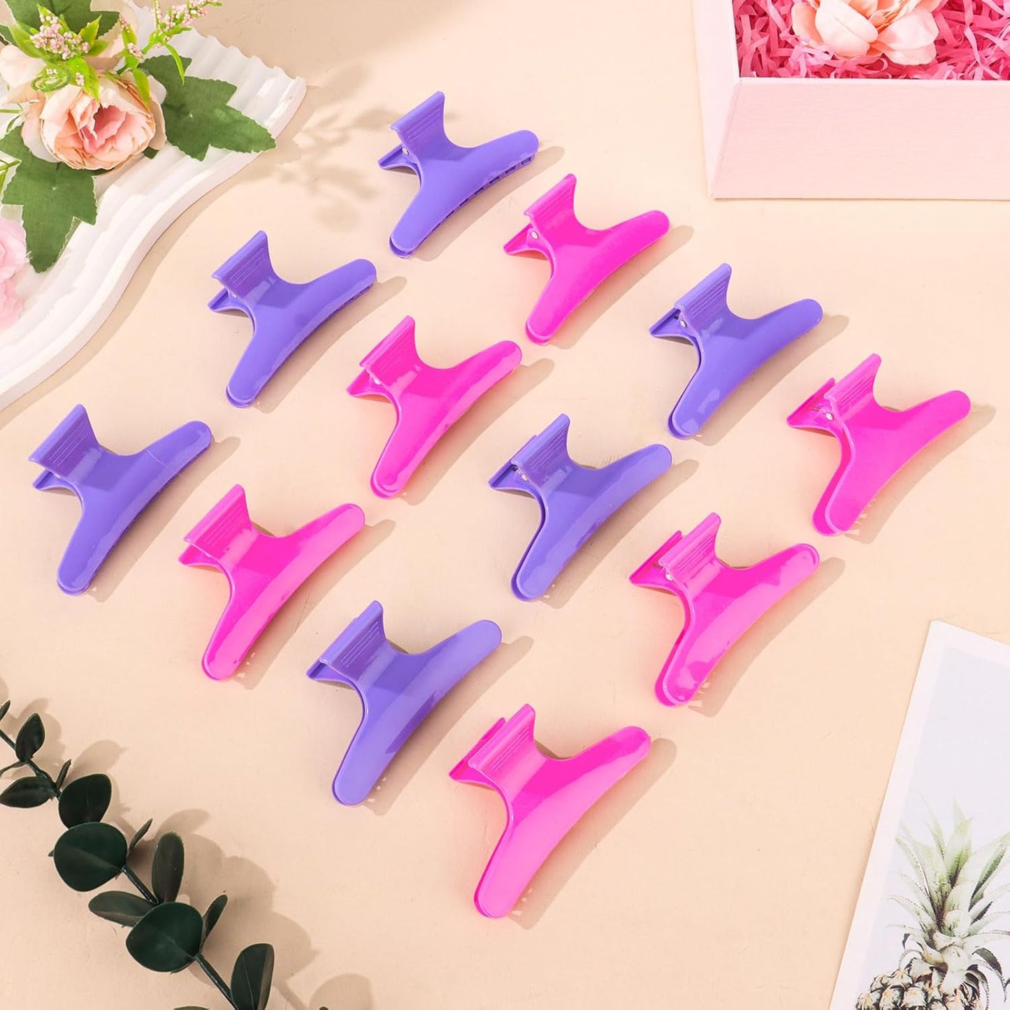 Hair Clips for Styling Sectioning 12 Pack Hot Pink Purple Butterfly Clamps Hair Claw Clips Pro Salon Hair Clips for Styling, Sectioning, Cutting and Coloring