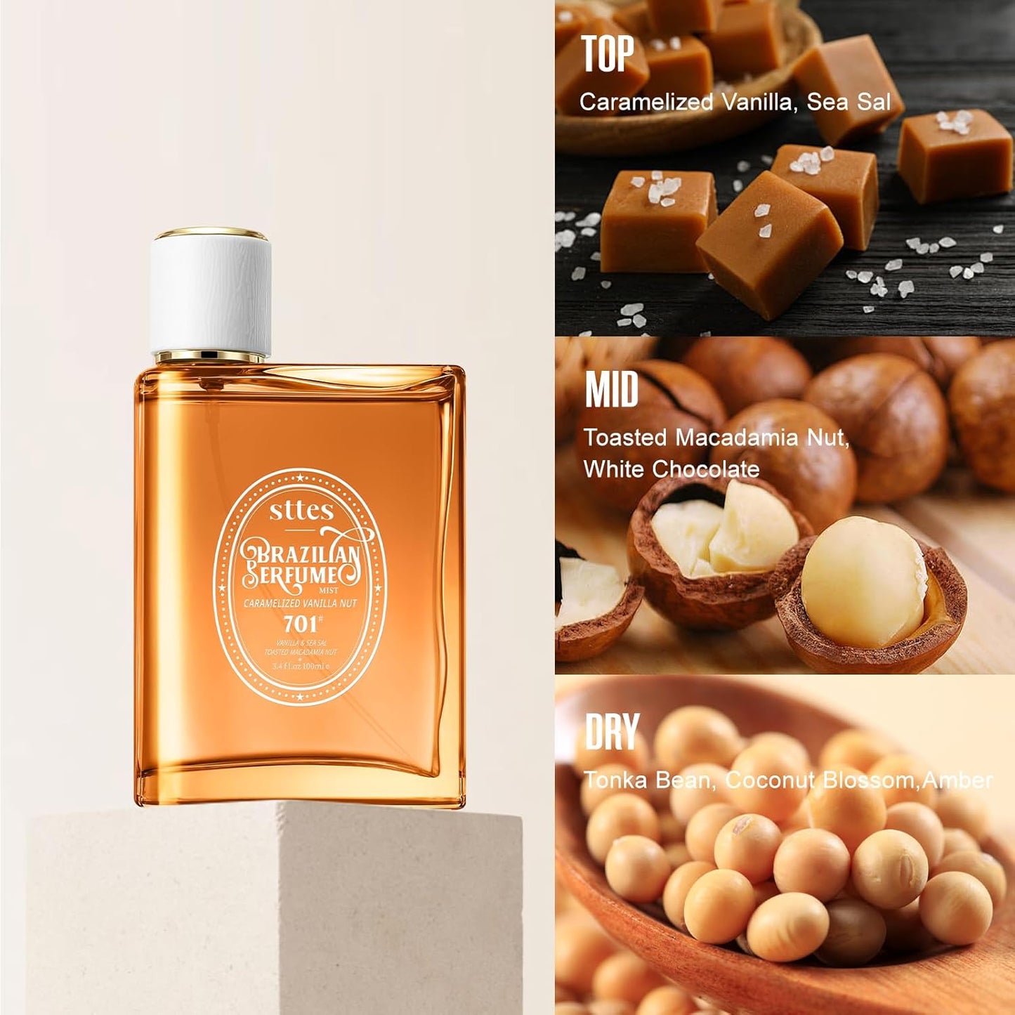Sttes Perfume 701# (Caramel Vanilla Macadamia Nut) - Eau de Perfume 100ml (3.4fl oz) Amber Gourmet Tune (Caramel Vanilla + Roasted Macadamia Nuts)