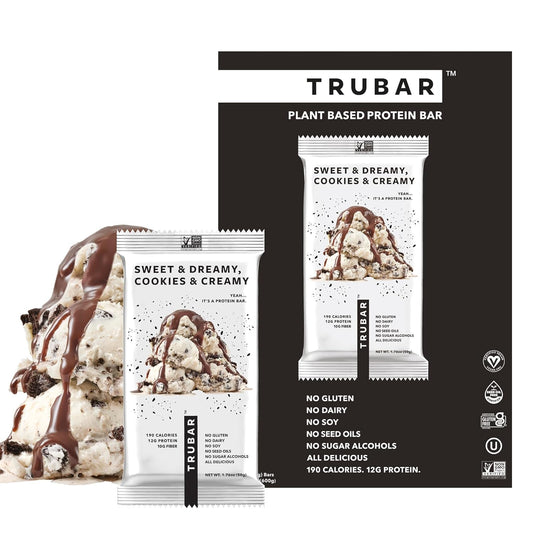 TRUBAR Vegan Protein Bar, Sweet & Dreamy Cookies and Creamy, Gluten Free, Plant Based Protein, Dairy Free, Non GMO, Soy Free, No Sugar Alcohols, 12G Protein, 12G Fiber, 23G Carb, On the Go Snack Bars, 12ct