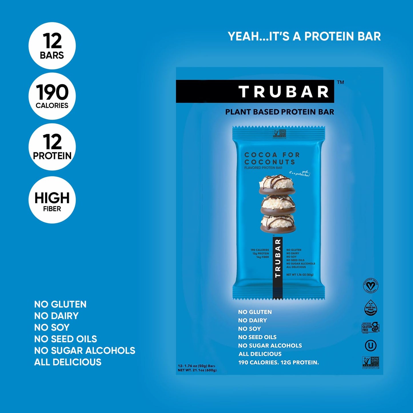 TRUBAR Vegan Protein Bar, Cocoa For Coconuts, Gluten Free, Plant Based Protein, Dairy Free, Non GMO, Soy Free, No Sugar Alcohols, 12G Protein, 12G Fiber, 23G Carb, On the Go Snack Bars, 12ct