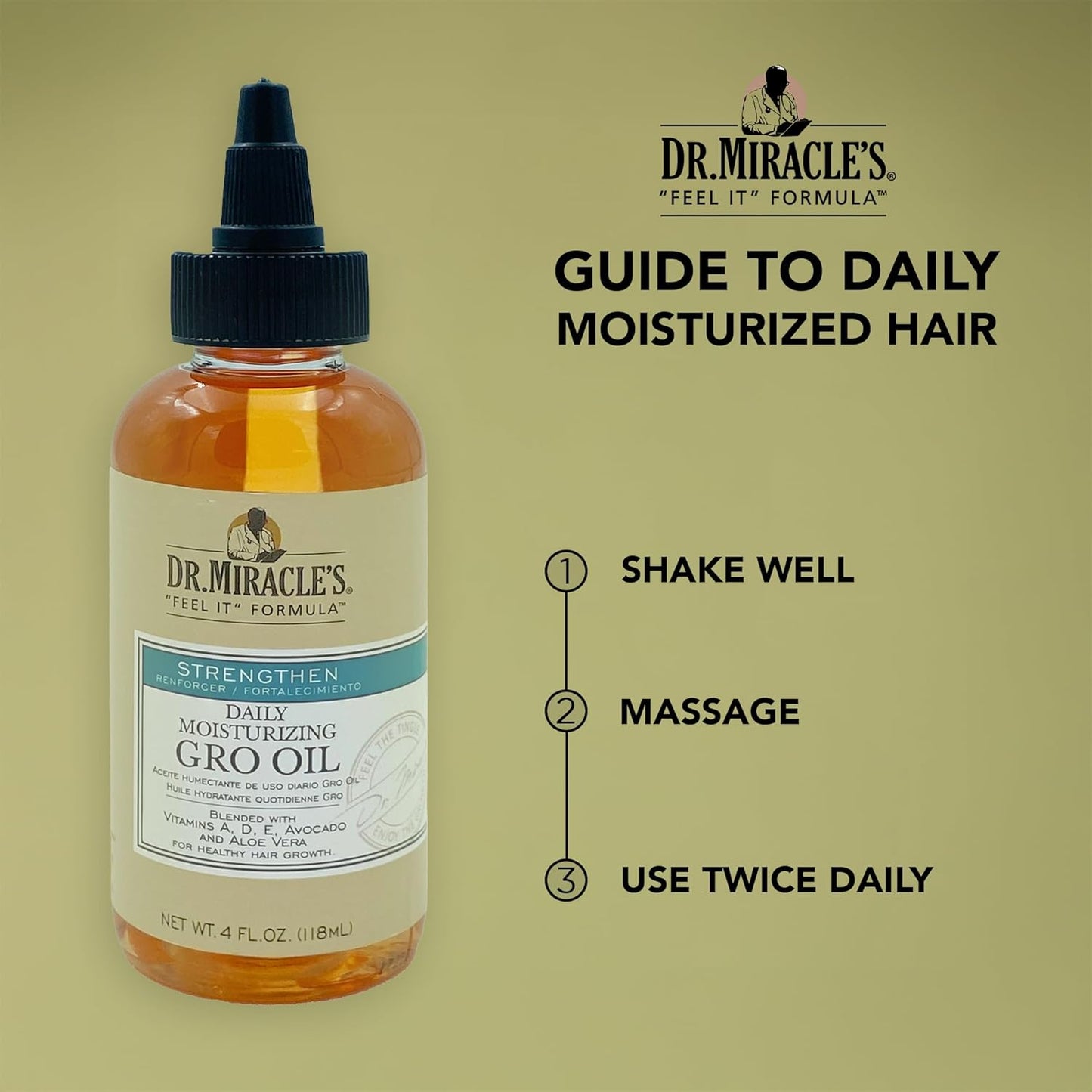 Dr. Miracle's Daily Moisturizing Gro Oil, Blended with Vitamins A, D, E, Avocado & Aloe Vera For Healthy Hair Growth, 4 Ounce