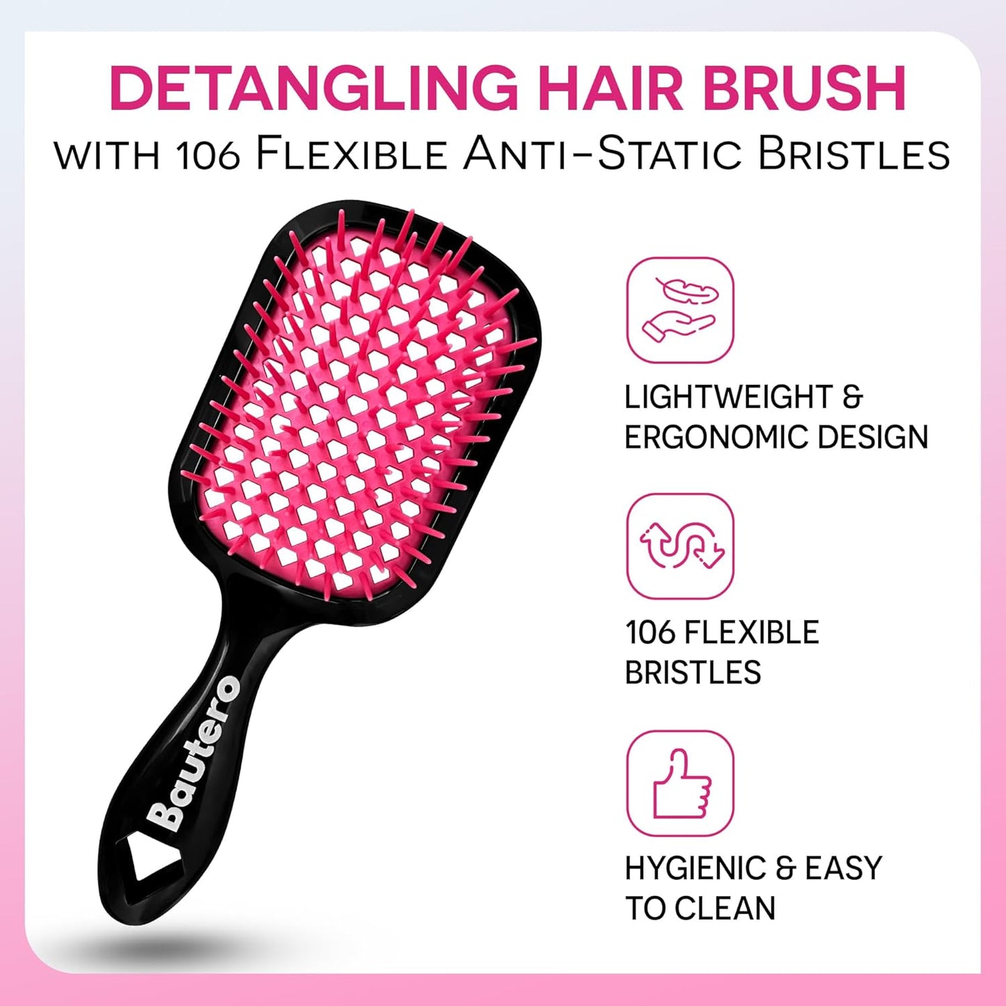 Detangling Hair Brush Sakura Blossom with Anti-Static Bristles, Black Pink, 8.9x3.15 Inch, 106 Flexible Bristles, Lightweight Ergonomic Design for Wet Dry Hair, Pain-Free Knot Removal
