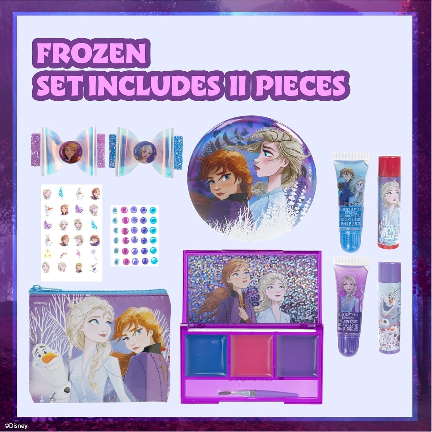 Disney Frozen Super Sparkly Cosmetic Beauty Makeup Set For Girls with Clips, Lip Gloss, Nail Stickers, Lip Balm, Nail Gems and Mirror For Parties, Sleepovers & Makeovers by Townley Girl ﻿