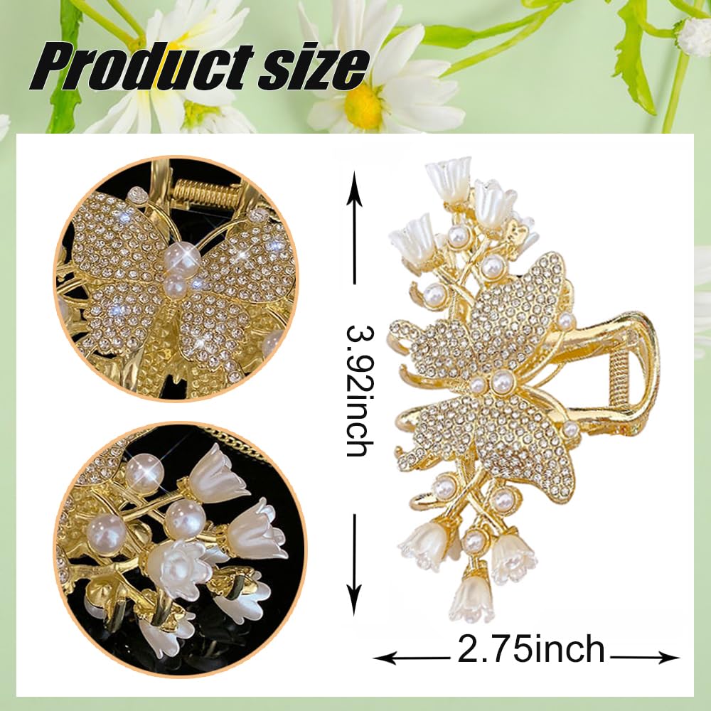 1 Pack Big Butterfly Hair Claw Clip Metal Gold Hair Clips Crystal Rhinestone Butterfly Claw Clips Lily of the Valley Pearl Tassel Design Non Slips Hair Accessories for Women Wedding Birthday Decor