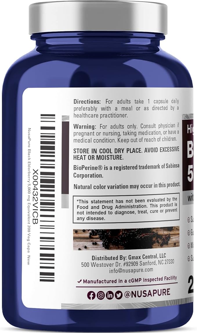 NusaPure Black Elderberry 5000mg per Veggie 200 Count