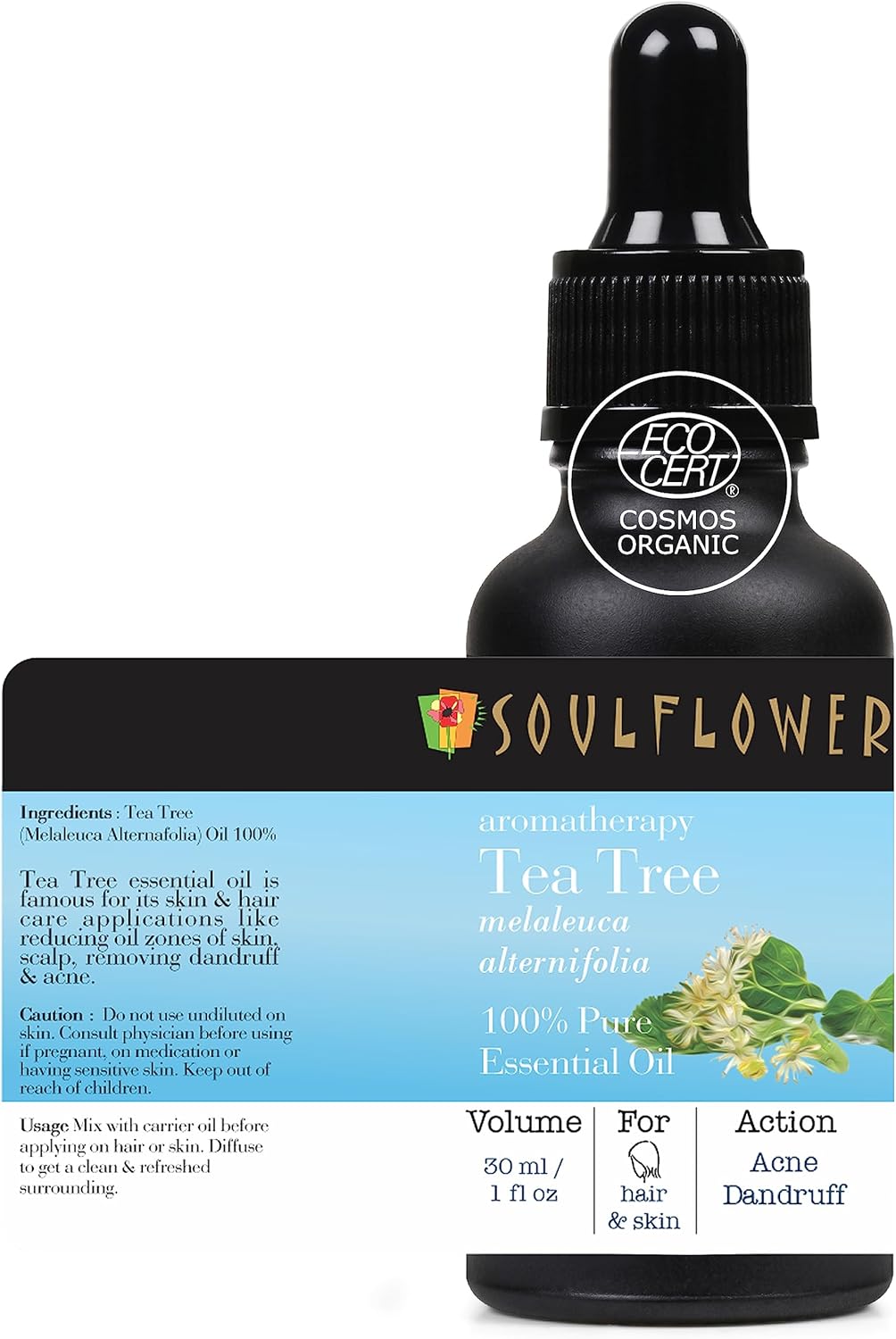 Soulflower Organic Tea Tree Essential Oil for Oily Skin & Itchy Scalp - Melaleuca Alternifolia - 100% Pure, Natural, Vegan, Cruelty Free, Aromatherapy, Diffusion, 30ml / 1 fl oz