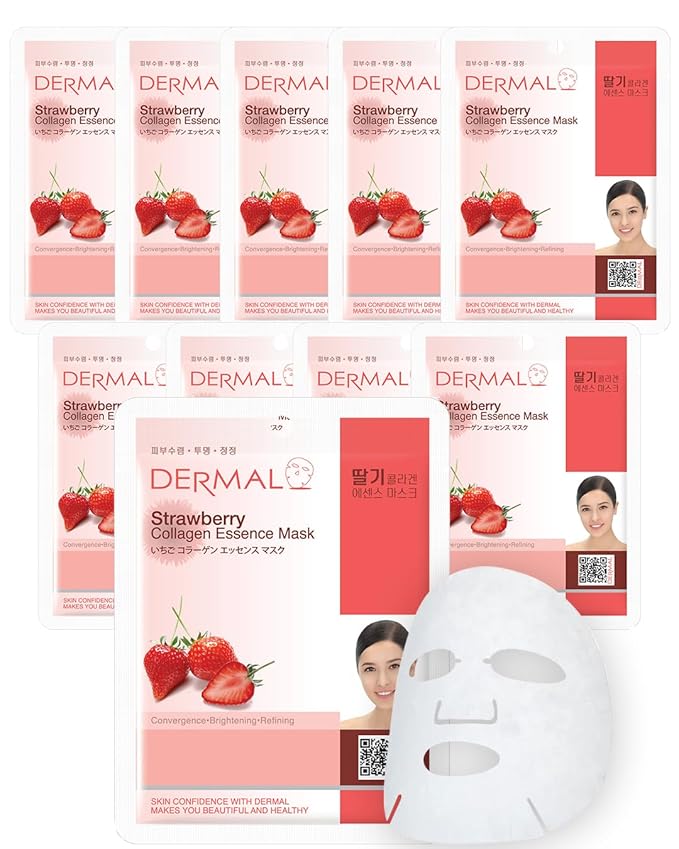 DERMAL Strawberry Collagen Essence Facial Mask Sheet 23g Pack of 10 - Pore Tightening & Sebum Control for Oily Skin, Hydrating Daily Skin Treatment Solution Sheet Mask