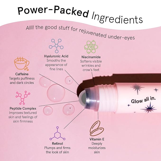 grace & stella Under Eye Brightener Roller - Travel Essentials - Retinol & Caffeine Eye Serum for Puffiness, Dark Circles, Wrinkles - Hydrating & Smoothing - Vegan Skincare (15ml / 0.51 fl oz)