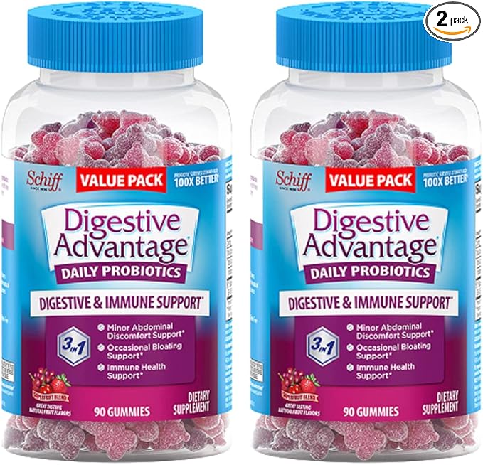 Digestive Advantage Probiotic Gummies for Digestive Health, Daily Probiotics for Women & Men, Support for Occasional Bloating, Minor Abdominal Discomfort & Gut Health, 2x90ct Bottles Superfruit