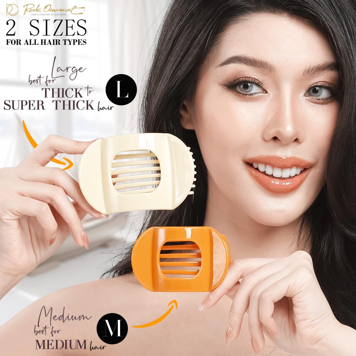 RC ROCHE 6 Pcs Flat Claw Hair Clips for Women Thick Hair French Round Duckbill Square Secure Strong Hold Grip Clamps Barrettes Curved No Slip No Crease Styling Cute Extra Jumbo XL, Large Classic