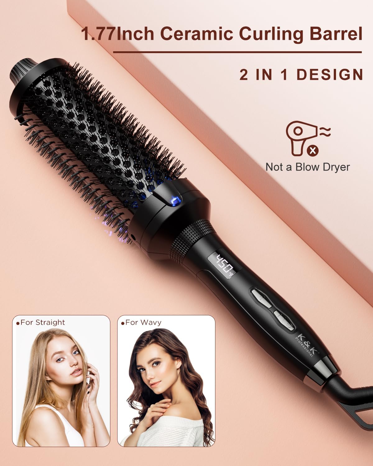 K&K Thermal Brush for Blowout Look, Pro 1.77 Inch Heated Round Brush with Ceramic Tourmaline Coating, Ionic Makes Hair Smoother Get Natural Curls, 122-446°F, Dual Voltage for Travel