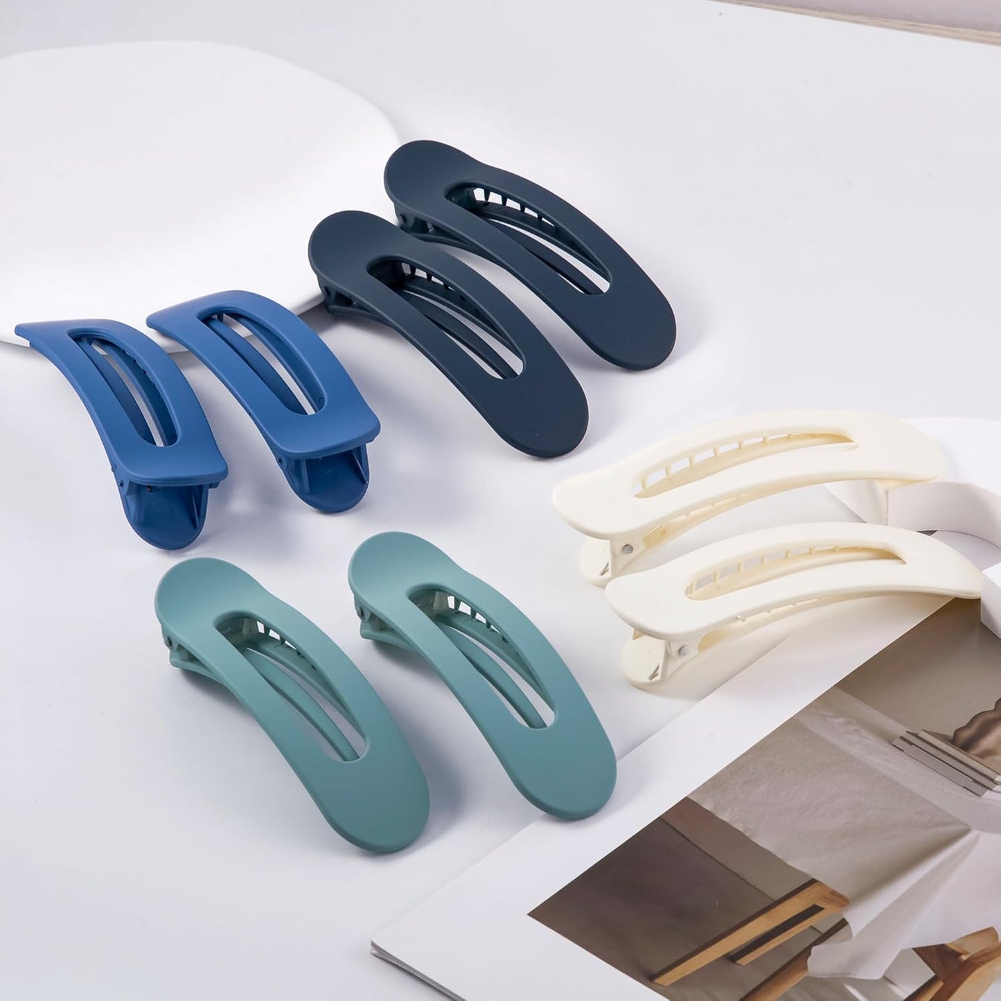 8 Pcs Large Lay Flat Claw Clips for Women French Side Slide Barrettes for Thin Fine Hair Rectangle Alligator Hair Accessories,Matte Blue Beige