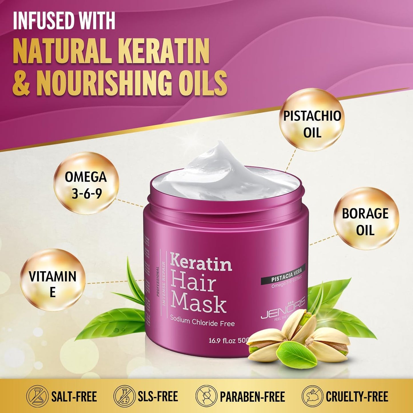 Jenoris Keratin Hair Mask for Dry, Damaged & Frizzy Hair – Deep Conditioning Treatment with Natural Omega 3-6-9 Complex & Pistachio Oil, Salon-Professional, Paraben & SLS Free, 16.9 Fl Oz