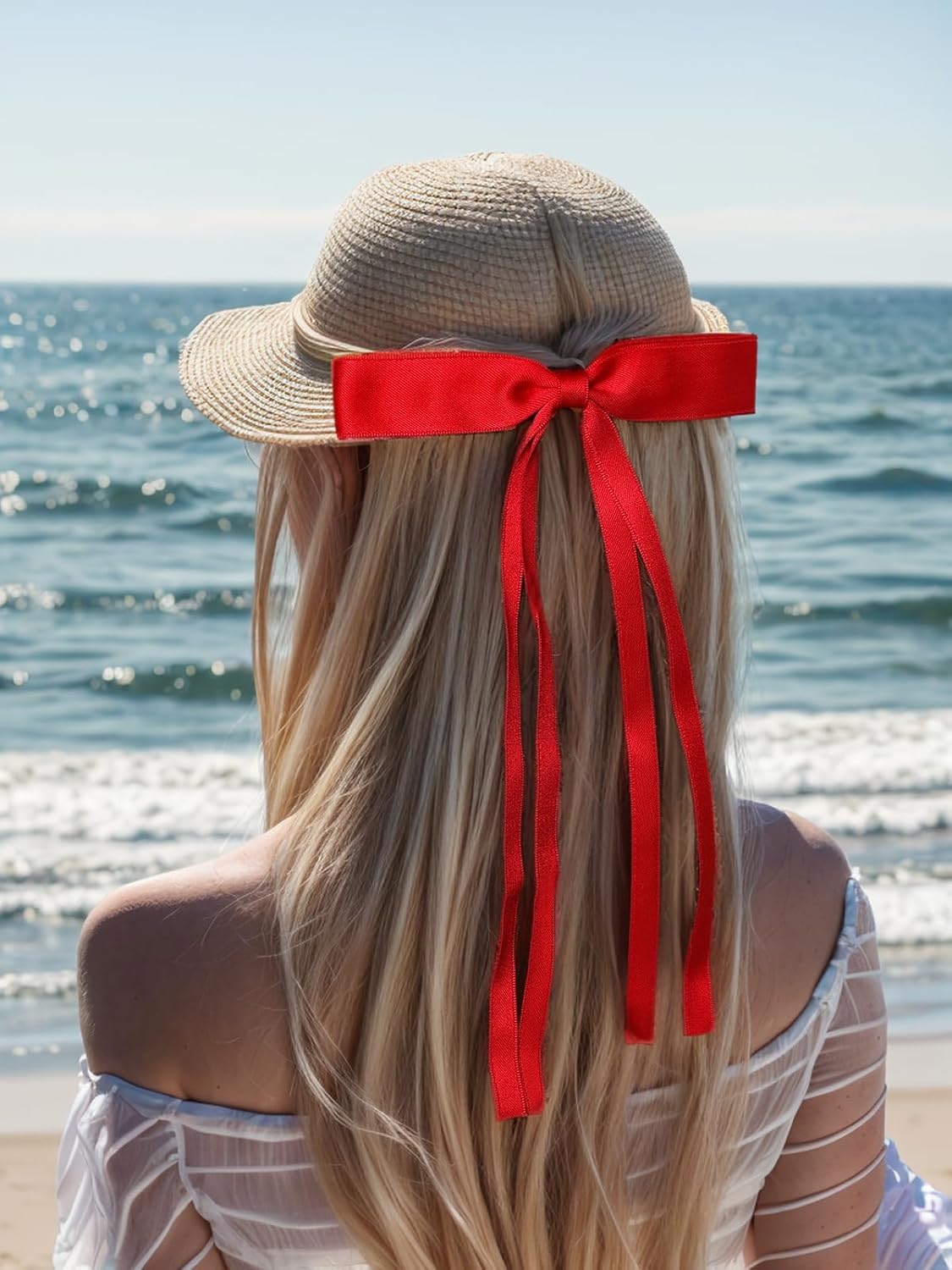 Tassel Ribbon Bowknot Hair Clips with Long Tails for Women and Girls, Solid Barrettes and Claw Clips with Bows for Long Hair (Red Green)