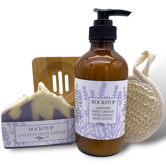USA Made Lavender Spa Gifts for Women with Hand Cream, Handcrafted Lavender Soap, Soap Saver, Body Buffer. Luxurious Bath Sets for Women Gift -Give Body Lotion / Hand Lotion Gift Basket with Love