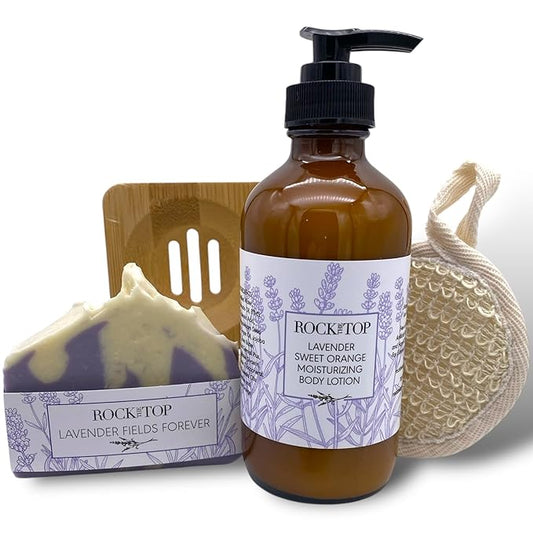 USA Made Lavender Spa Gifts for Women with Hand Cream, Handcrafted Lavender Soap, Soap Saver, Body Buffer. Luxurious Bath Sets for Women Gift -Give Body Lotion / Hand Lotion Gift Basket with Love