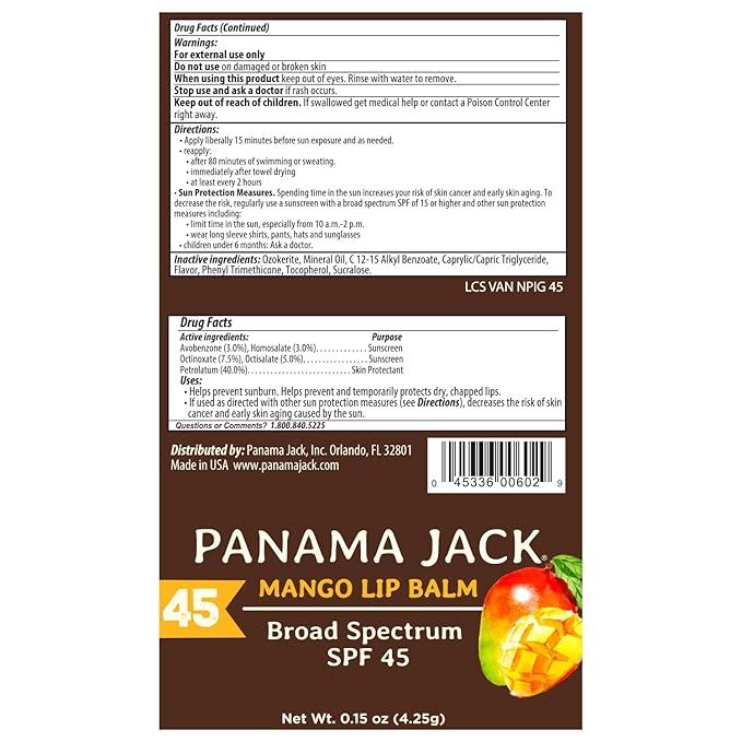 Panama Jack SPF 45 Lip Balm - Broad Spectrum UVA-UVB Sunscreen Protection, Prevents & Soothes Dry, Chapped Lips (Pack of 12, Mango)