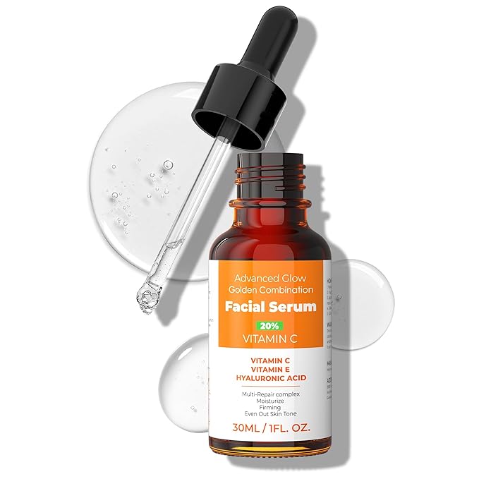 20% Vitamin C Face Serum with Golden Combination of Hyaluronic Acid and Vitamin E | Reduce Acne Spots | Even Skin Tone | Hydrating Face Serum Moisturising & Firming Skin Care | 1 Fl. Oz