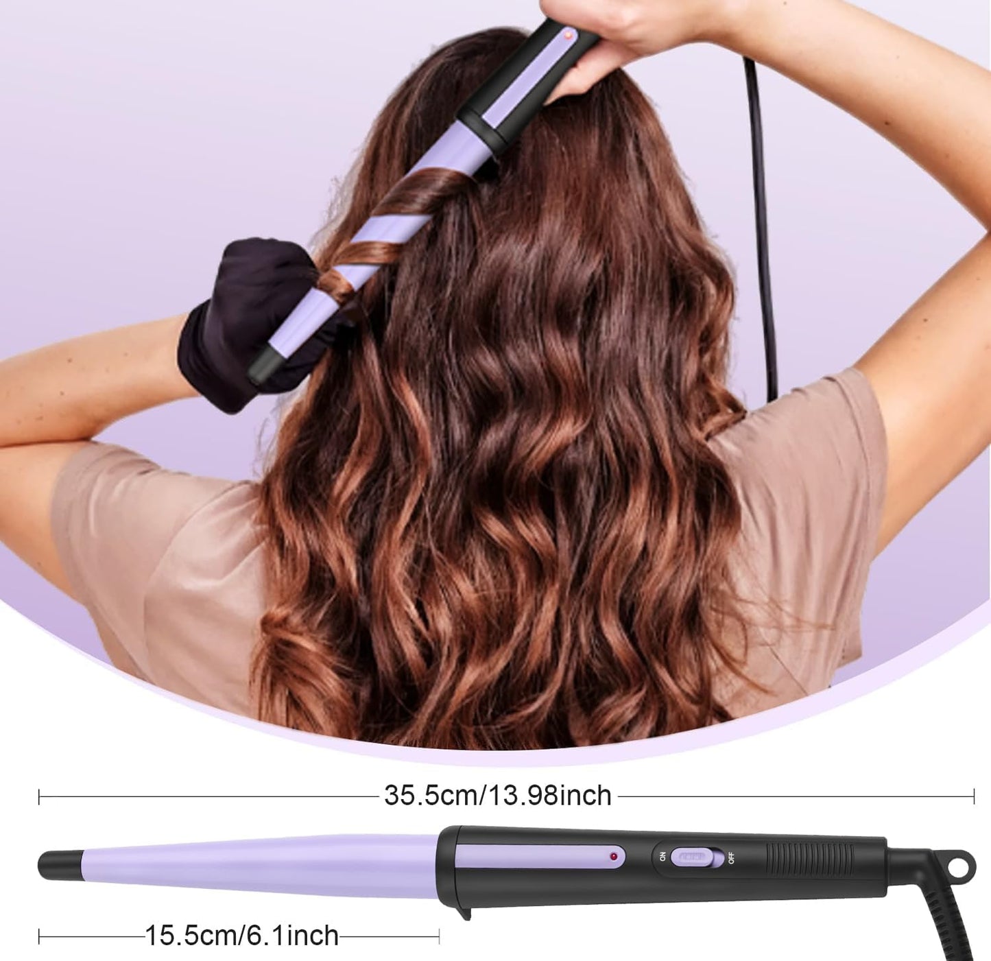 Hair Curling Iron, Tapered Curling Wand, Professional 0.5-1Inch Ceramic Hair Curler Wand with Heat-Resistant Glove, Dual Voltage