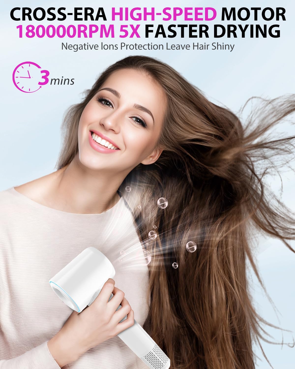 Professional High Speed Ionic Hair Dryer - 1 Min Fast Drying, 180000 RPM Blow Dryer 500 Million Negative Ions, No Heat Damage & Low Noise, Lightweight, Hairdryer with Magnetic Concentrator for Women