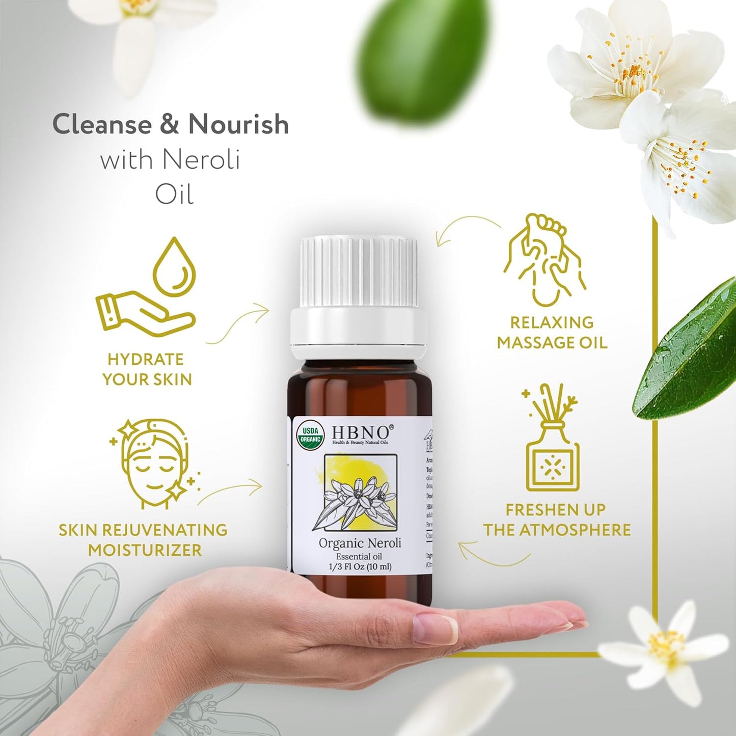 HBNO Organic Neroli Essential Oil- 1/3 oz (10ml) Size - Ideal for Diffusers, Cleaning Agents, Skincare, and Haircare.