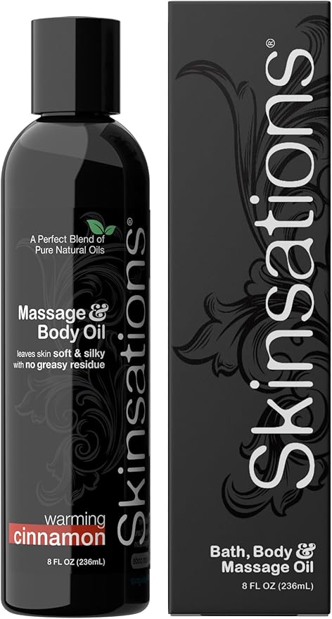 Skinsations - Cinnamon Massage Oil for Massage Therapy - 8oz | Non-Greasy, Warming Blend of Fractionated Coconut, Sweet Almond, Grape Seed and Jojoba Oils | Body Oil, Sore Muscles, Aromatherapy