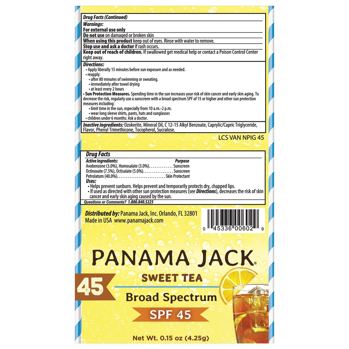 Panama Jack Sunscreen Lip Balm - SPF 45, Broad Spectrum UVA-UVB Sunscreen Protection, Prevents & Soothes Dry, Chapped Lips, Sweet Tea, 3-pack