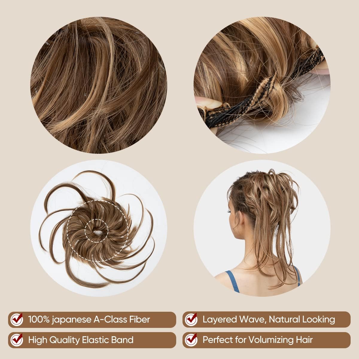 CJL HAIR Messy Bun Hair Piece Curly Hair Bun Extensions with Straight Tails Synthetic Hair Scrunchies Ponytail Hairpieces for Women Chocolate