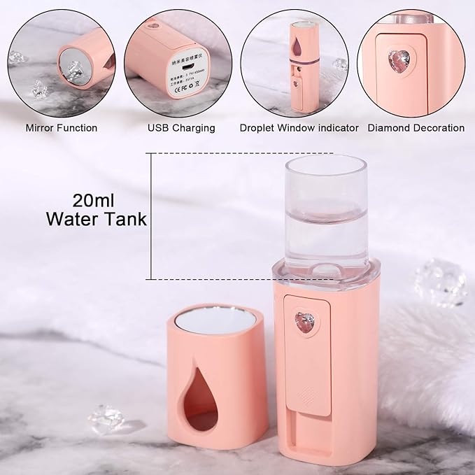 2 Pieces Nano Facial Mister Portable Mini Face Mist Steamer Handy Mist Sprayer with Mirror Design Moisturizing and Hydrating for Eyelash Extension (White, Pink)