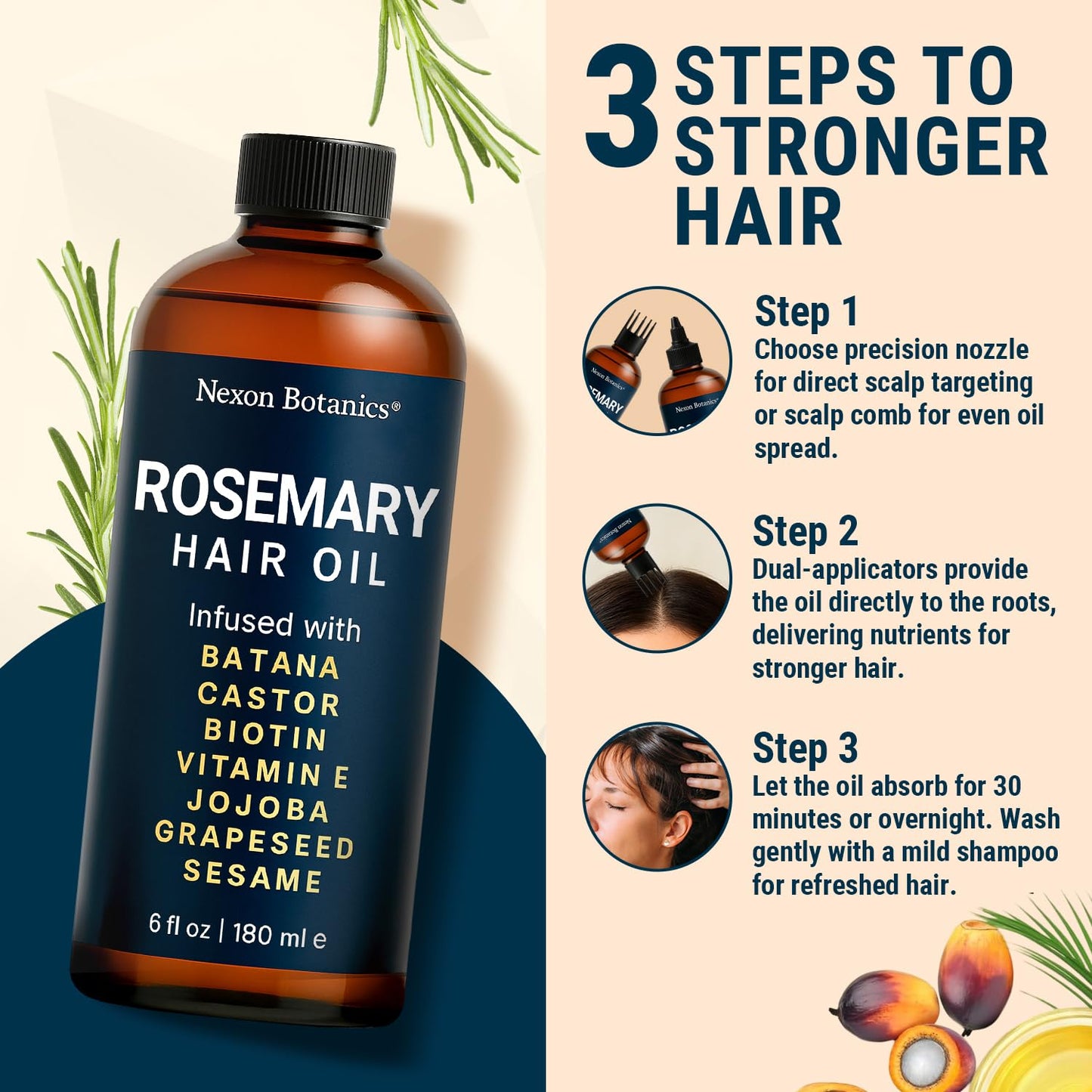 Rosemary Oil for Hair Growth 6 fl oz - Natural Scalp and Hair Oil with Batana, Castor, Biotin, Vitamin E, Grapeseed, Jojoba, Sesame - Aceite de Romero y Batana - Nexon Botanics