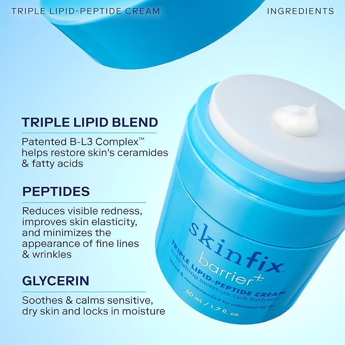 Skinfix Triple Lipid-Peptide Cream - 1.7 oz - Rich Face Moisturizer to Instantly Hydrate & Restore Dry, Sensitive Skin - Non-Comedogenic, Fragrance Free, Vegan, Cruelty Free