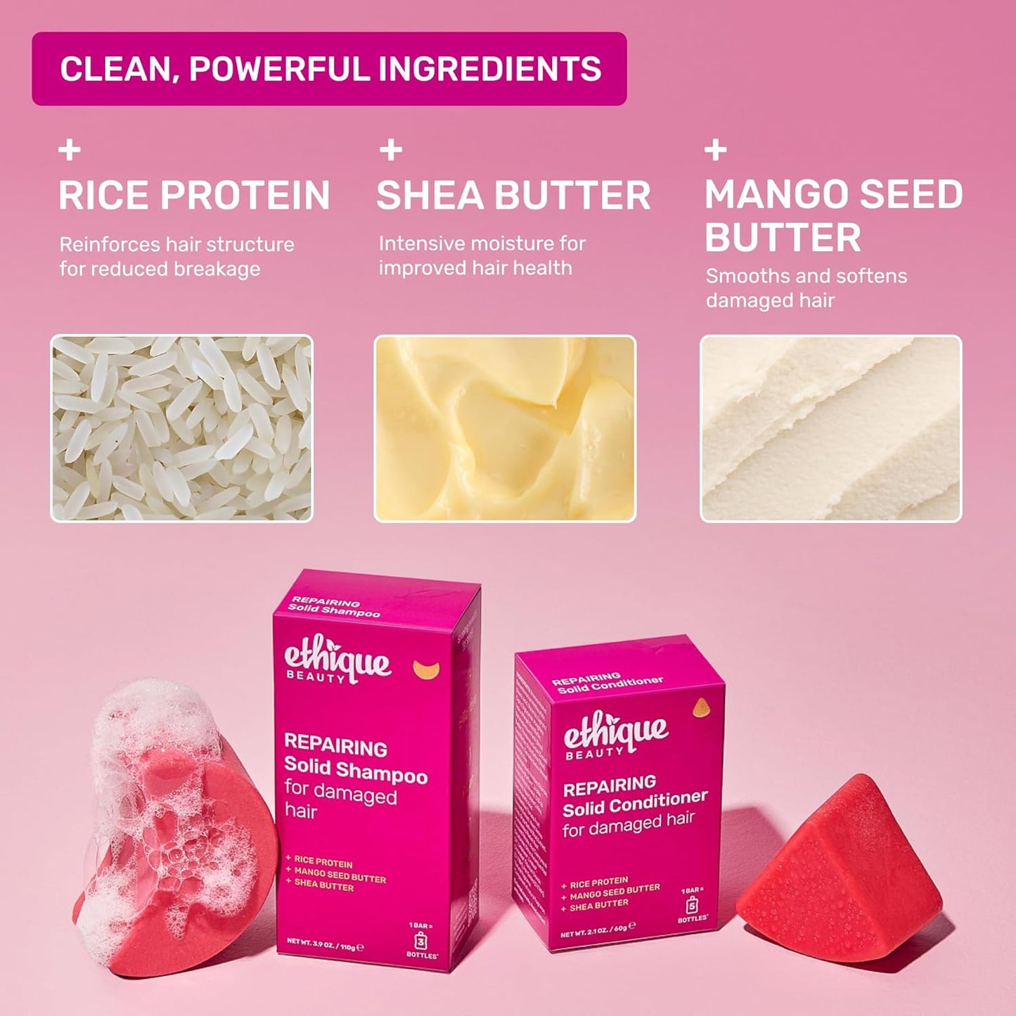 Ethique Rice Protein Repairing Shampoo Bar for dry, damaged hair - Plastic-Free, Vegan, Cruelty-Free, 3.88 oz - Formerly Sorbet