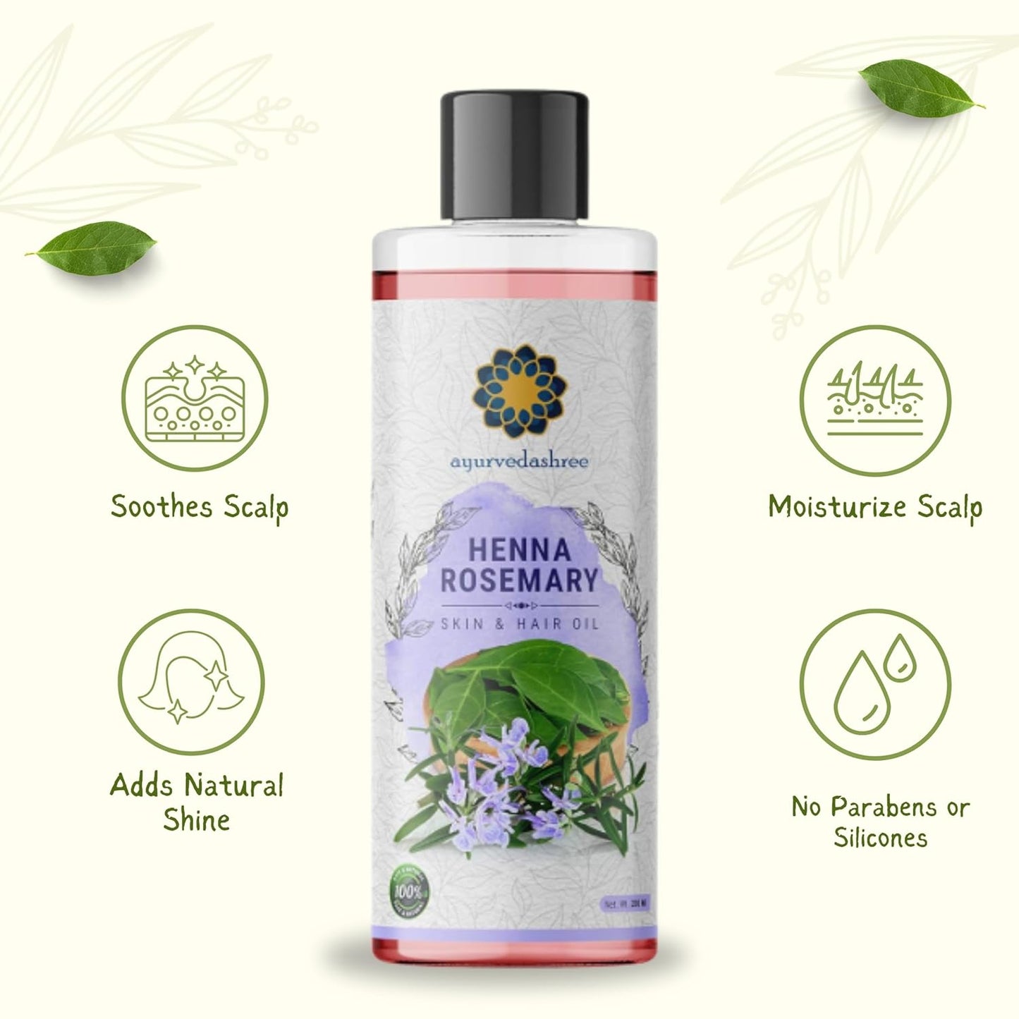 Henna Rosemary Hair Oil 200 ml, 6.76 fl oz with Neem, Shikakai, Bhringraj, Amla, Brahmi, Sesame, Olive & Sunflower Oils