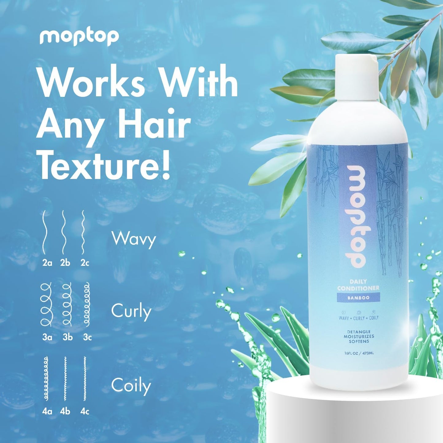 MopTop Daily Curly Hair Conditioner – Silicone & Sulfate Free Conditioner Helps Restore Dry Damaged Hair & Reduce Frizz, Paraben Free Natural Hair Products for All Hair Types (Bamboo, 2pk)