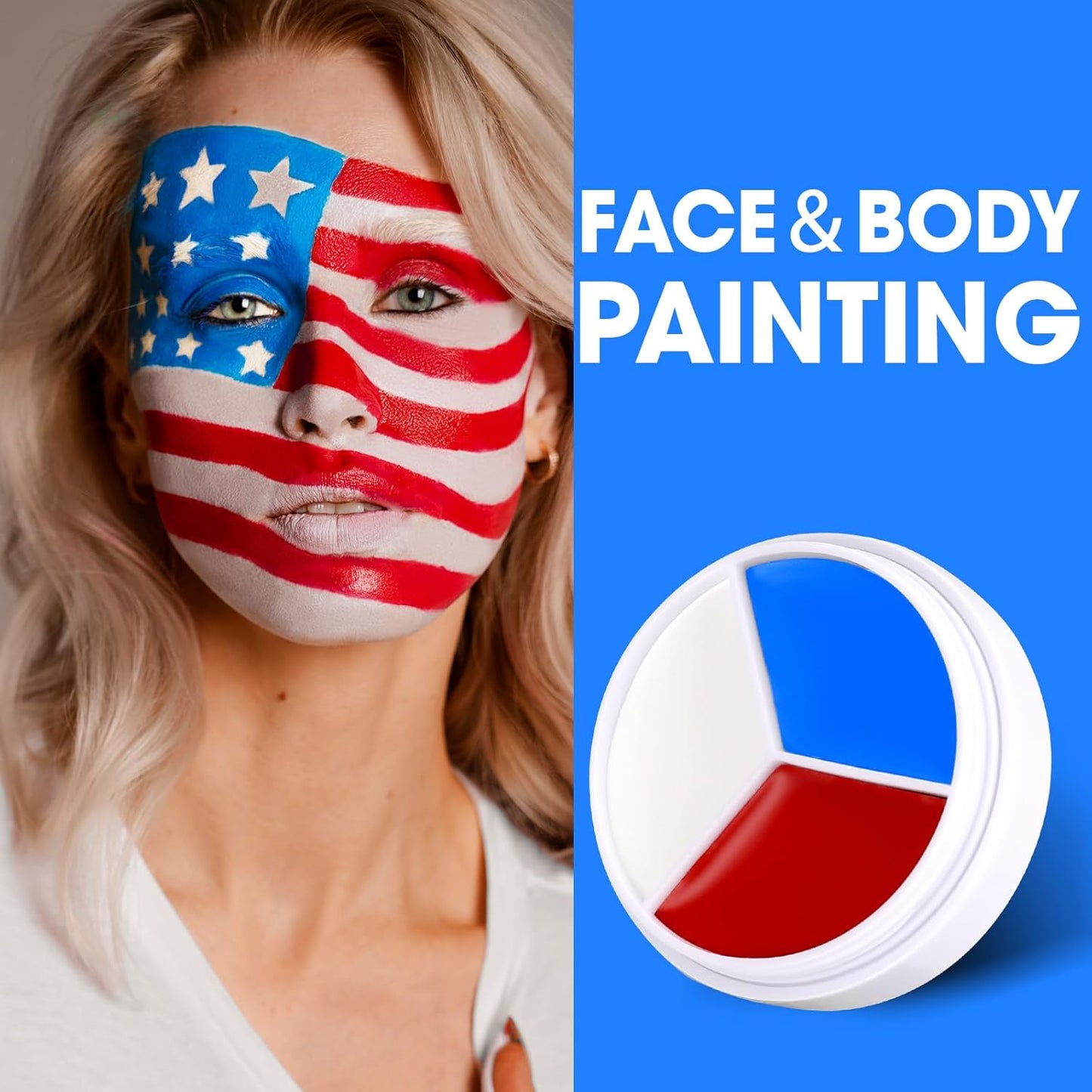 3 Colors Face Body Paint [Blue White Red] + 3pc Sponge + 3pc Brush, USA Themed Accessories Flag Color Eye Black for Sport, Face Paint Halloween Makeup Kit for Clown Vampire Joker Makeup