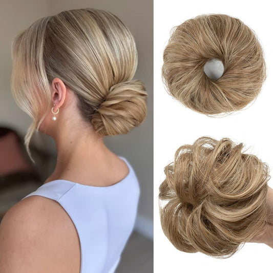 CJL HAIR 2PCs Small Cute Messy Bun Hair Piece for Thin Hair Women Mini Synthetic Curly Bun Scrunchies Updo Hairpieces Sand