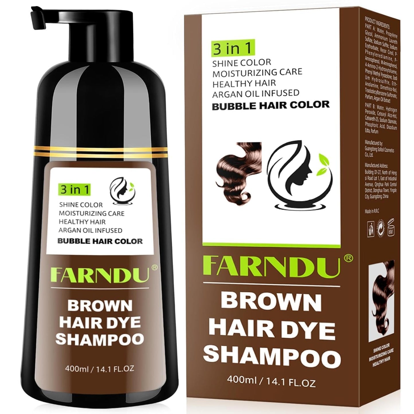 Brown Hair Dye Shampoo, 3 in 1 Instant Hair Color with 15 Min Gray Coverage, Natural Semi-Permanent Herbal Shampoo for Men & Women