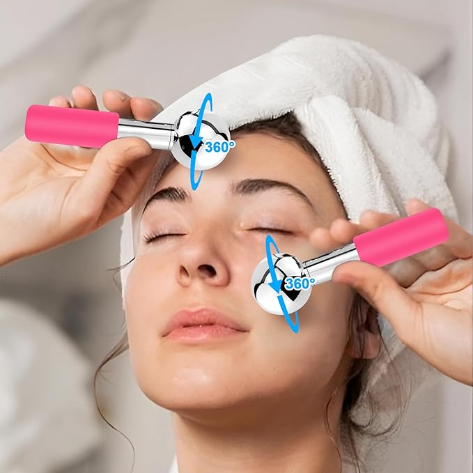 CGBE 360 Rotating Ice Globes for Face, Food-Grade Stainless Steel Facial Globes for Cryo Therapy, Smaller Ice Globes for Facials Reduce Wrinkles & Swelling - Pink