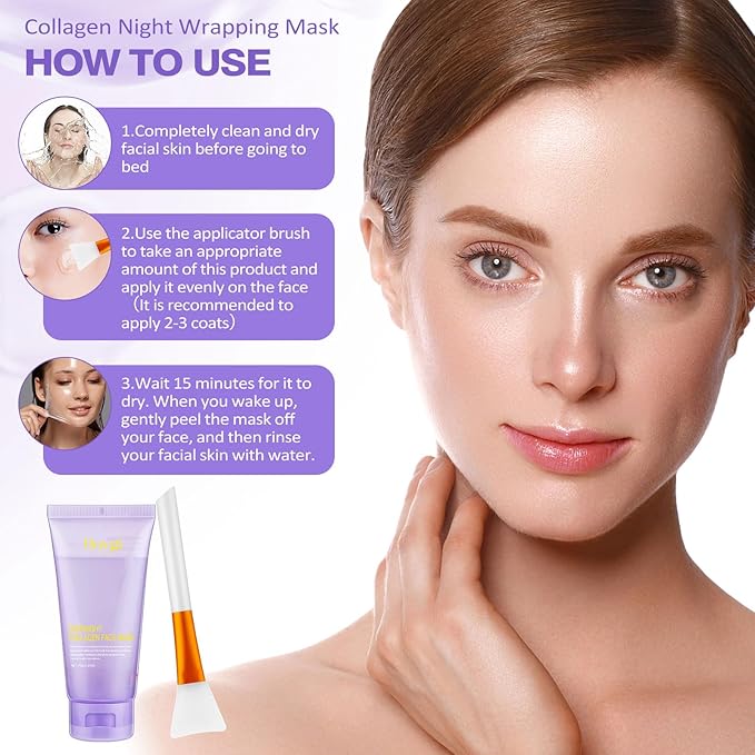 Collagen Night Wrapping Mask with Brush - Hydrolyzed Collagen Overnight Wrapping Peel Off Facial Mask Pack - Tightens & Hydration Collagen Face Mask Skin Care, Reduces Sagging & Dullness(2.54 fl.oz)