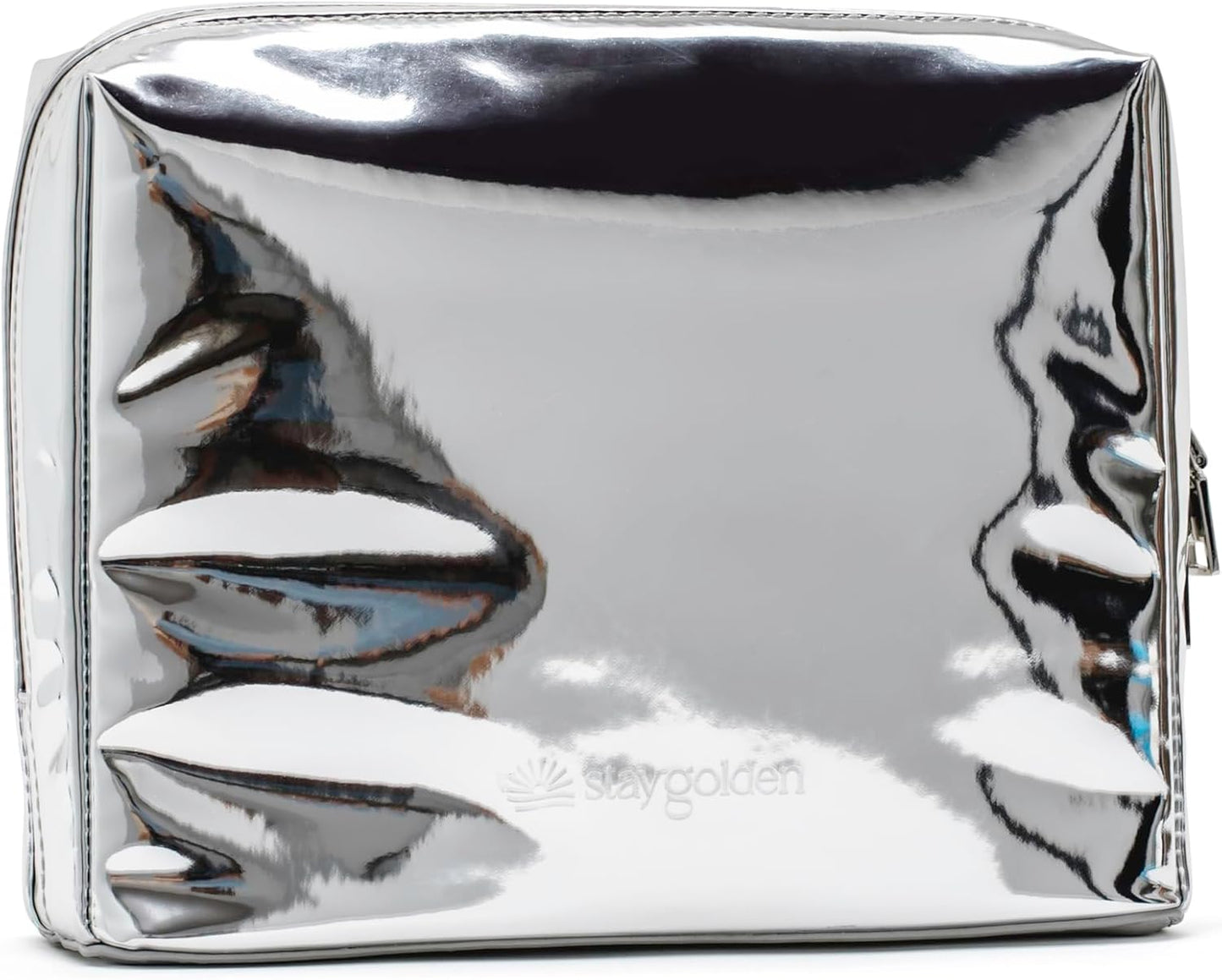 Stay Golden Insulated Waterproof Makeup Bag for Women Heat-Resistant Travel Cosmetic & Toiletry Bag | Luxurious Vegan Leather Portable Makeup Organizer - (Silver Zipper, Metallic Silver)