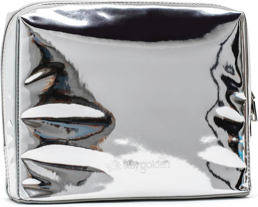 Stay Golden Insulated Waterproof Makeup Bag for Women Heat-Resistant Travel Cosmetic & Toiletry Bag | Luxurious Vegan Leather Portable Makeup Organizer - (Silver Zipper, Metallic Silver)