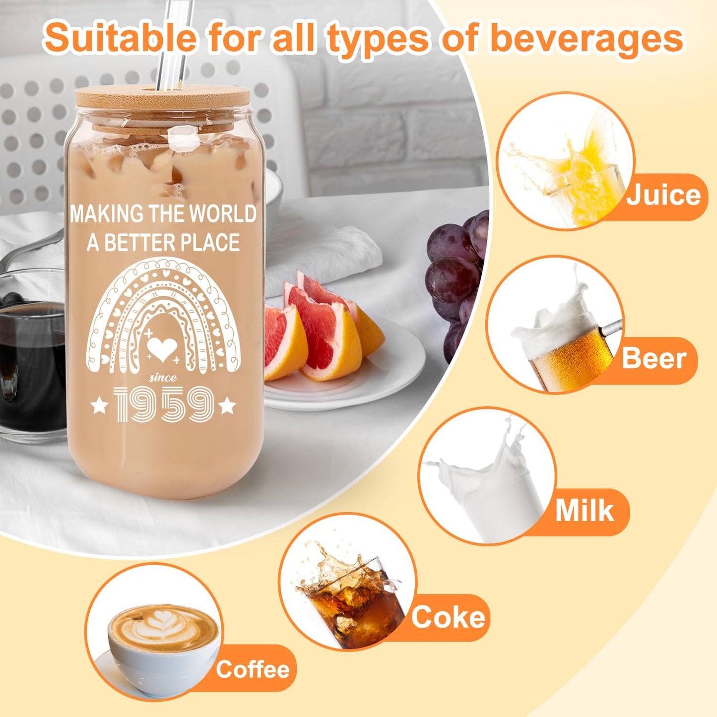 65th Birthday Gifts for Women 65 Year Old Birthday Cups 1959 Birthday Present Happy 65th Birthday Cute Glass Cups with Lids and Straws 65th Birthday Party Decorations Gifts Ideas 16 Oz Can Glass