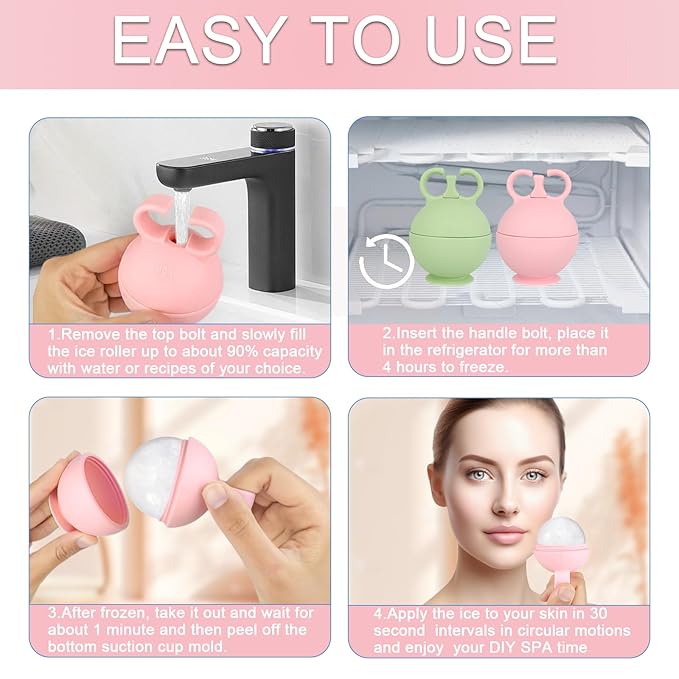 2 Pack Ice Roller for Face, Ice Face Roller for Eye Neck Body, Ice Cube Roller Massager Gua Sha Tool, Eliminates Puffiness, Reusable Facial Ice Mold, De-Puff Eye Bags, Beauty Care (Pink and Green)