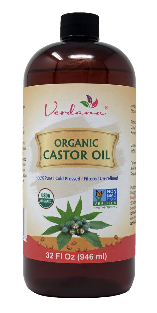 Verdana Organic Castor Oil – 32 Fl Oz Bulk Size – Cold Pressed, Unrefined, Hexane-Free – USDA Organic – Natural Moisturizer for Hair Growth, Eyelashes, Skin, Scalp & Castor Oil Packs